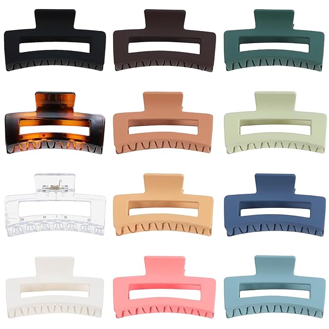 3.5 Inch Medium Hair Accessories - 12 Pcs Square Jaw Clips for Thick and Thin Hair, Rectangular Rectangle Basic Color Hair Clips for Women and Girls