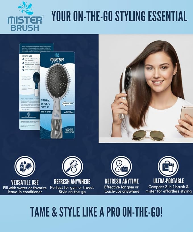 Navy All in One Brush + Mister - 2 in 1 - Detangling Brush - No More Hair Hassle