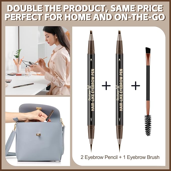Boobeen 3pcs Waterproof Eyebrow Pen，Dual-Ended Eyeliner Microblading Eyebrow Pencil for Women，Long Lasting Hair-Like Brow Pen with Brow Brush，Dark Brown