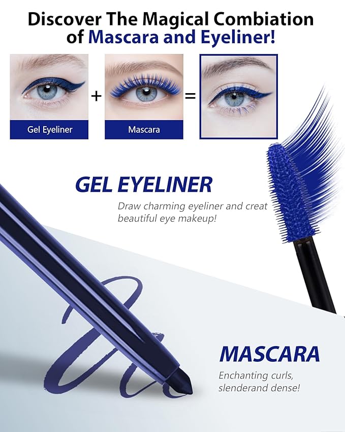 Blue Waterproof Colored Mascara&Eyeliner,5D Fiber Mascara for Eyelashes Volume and Length, Smudgeproof Color Waterline Gel Eye Liner Pen Lengthening Curling Máscara Women Party Stage Use Makeup Gift