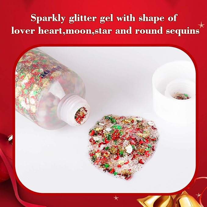 Christmas Face Hair Glitter Gel,Green Red Silver Body Glitter Gel,Stocking Stuffers Gift Kids Self-Adhesive Sequins Glitter,Sparkling Christmas Makeup for Women Girls,50ML
