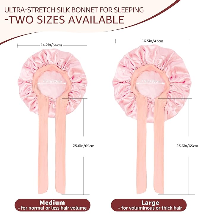 HiRui Silk Satin Bonnet for Sleeping Women, Double-Layer Sleep Cap Shower Cap with Adjustable Tie, Moisture Retaining Satin Lined Hair Bonnet for Curly and Natural Hair (Pink, Large)