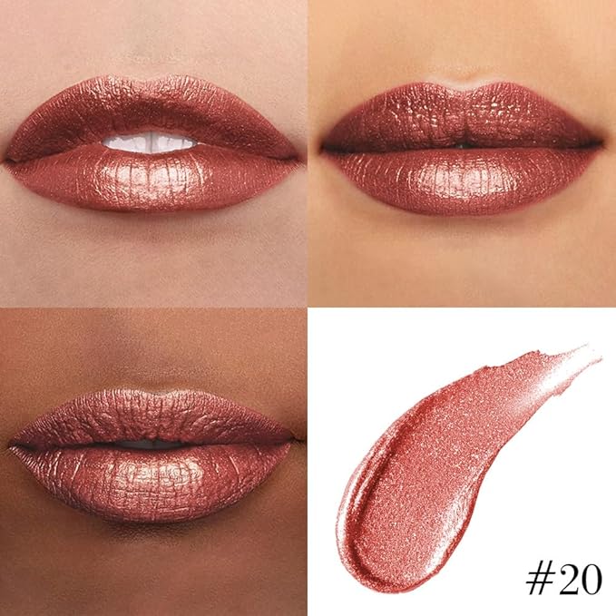 evpct Copper Metallic Glitter Lip Liner and Lipstick Combo Lip Gloss Stain Set Makeup for Women Long Lasting Waterproof 24, Bronze Gold Mocha Metallic Shimmer Frosted Iridescent Glossy Liquid Lipstick