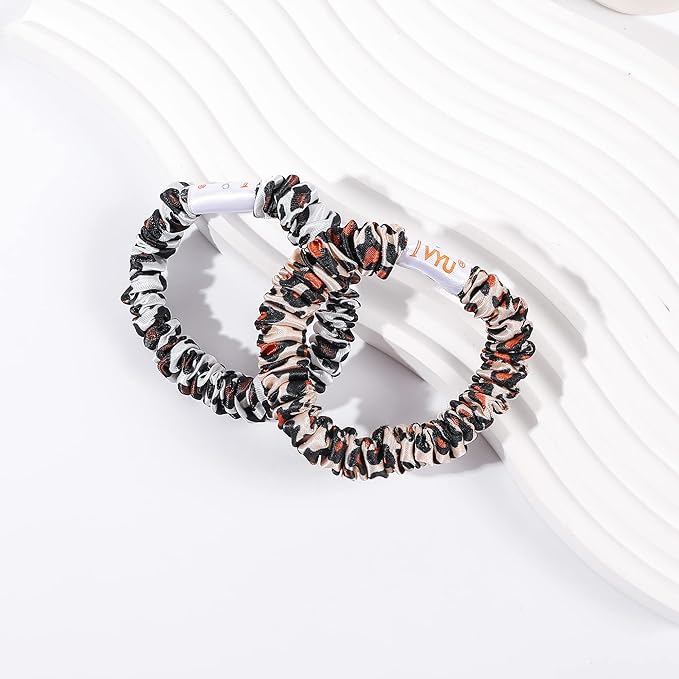 Hair Ties Silk Satin Scrunchies - Small Mini Thin Elestics Ponytail Holder Hair Bands Skinny Scrunchy For Thick Curl Hair No Crease Hair Ties Soft Accessories No Hurt Your Hair for Women and Girls (White Leopard Black)