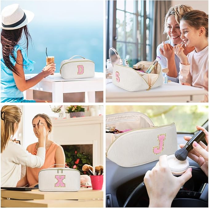 Personalized Initial Makeup Bag, Valentine's Day Gifts for Girls,Preppy Bag Cosmetic Travel Bag Women,Travel Toiletry Organizer,Large Capacity Corduroy Stuff Bag,Cute Cosmetic Pouch Skincare Bag