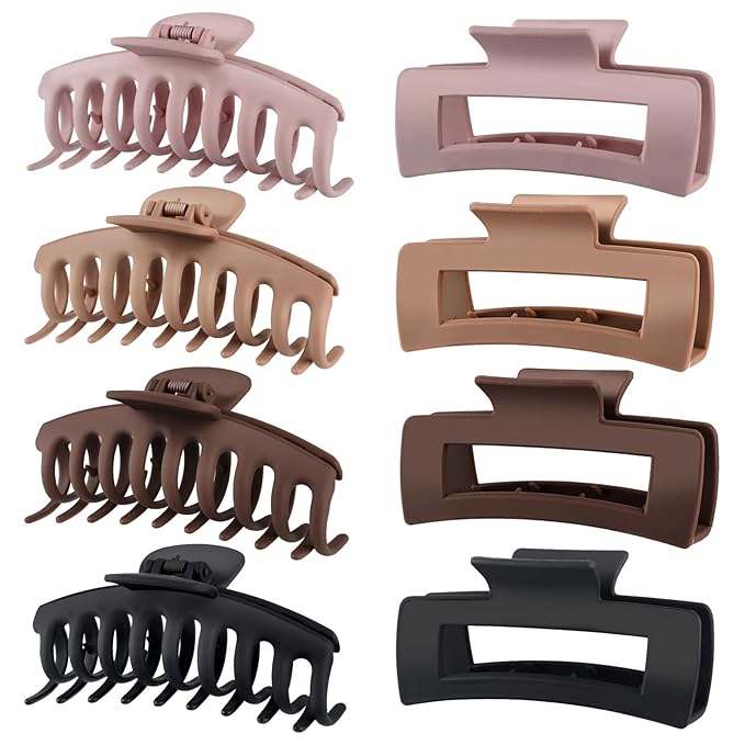TOCESS Big Hair Claw Clips for Women - Neutral Large Claw Clip for Thin Thick Curly Hair 90's Strong Hold 4.33 Inch Nonslip Matte Jumbo Hair Clips (8 Pcs)