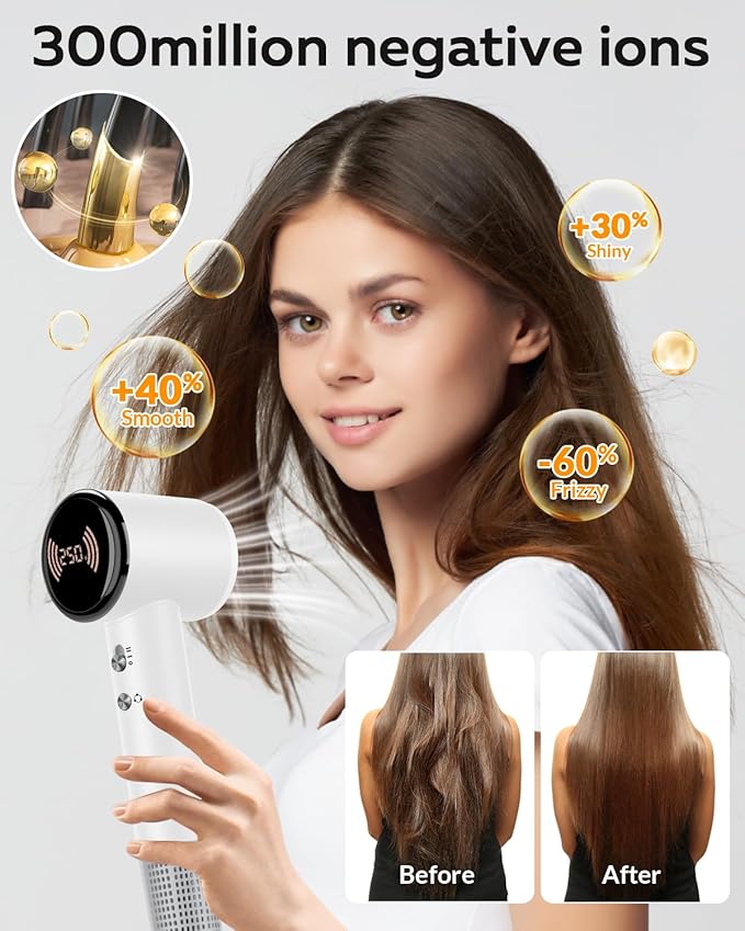 Hair Dryer,Travel Hair Dryer with Diffuser,110000 RPM High Speed Ionic Blow Dryer,Temperature Display,Low Noise&Lightweight Blow Dryer,Fast-Drying,No Heat Damage,Suitable for All Hairstyles(White)