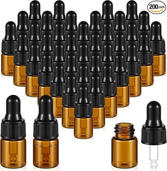 200 Pcs Mini Glass Oil Dropper Bottle Bulk, Clear Essential Small Empty Bottles Sample Containers Perfume Liquid Vials with Cap for Traveling (2 ml,Amber)