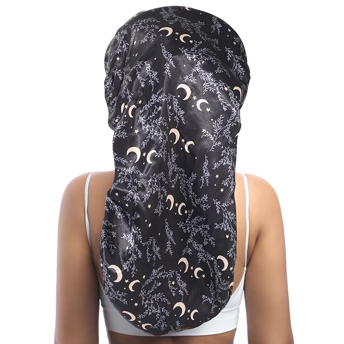 AWAYTR Long Satin Bonnet for Braids - Elastic Silk Hair Bonnets for Sleeping Night Cap Stretchy Tie Band for Women(Star and Moon)