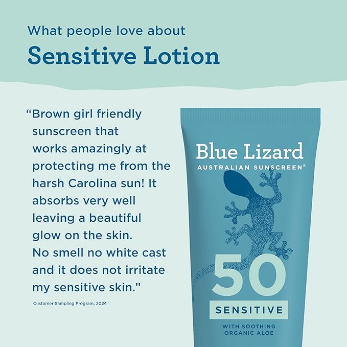 Blue Lizard Sensitive Mineral SPF 50 Sunscreen Lotion, 100% Mineral Sunscreen, UVA/UVB Protection, Infused with organic Aloe Vera, Soothes and Hydrates, 5 fl oz