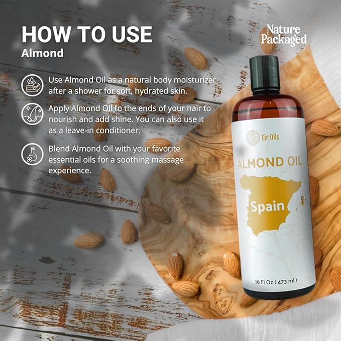 Nature Packaged Sweet Almond Oil - for Skin and Hair - Carrier Oil for Essential Oils Mixing - From EIR Oils' Farm in Mallorca, Spain - 4 Gallons
