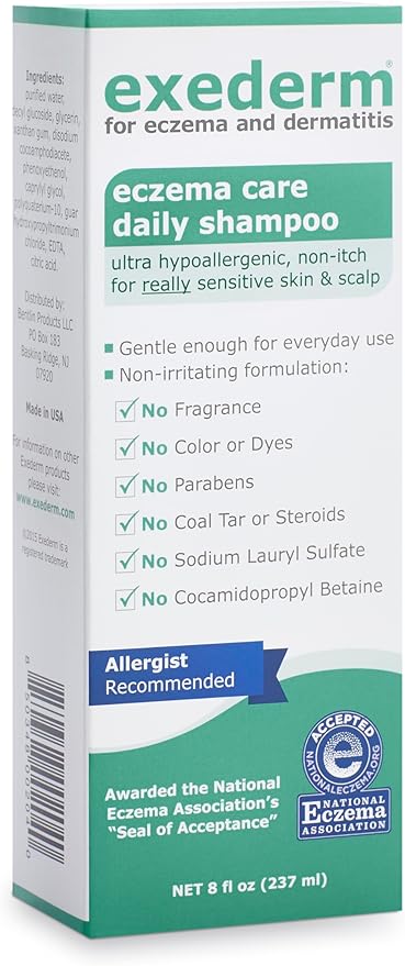 Exederm Shampoo for Eczema & Seborrheic Dermatitis, 8 Fl Oz, Ultra Sensitive Non-Irritating Formula, Daily Hair Care for Dry, Irritated, Flaky and Itchy Scalp, Hypoallergenic, Paraben & Sulfate Free