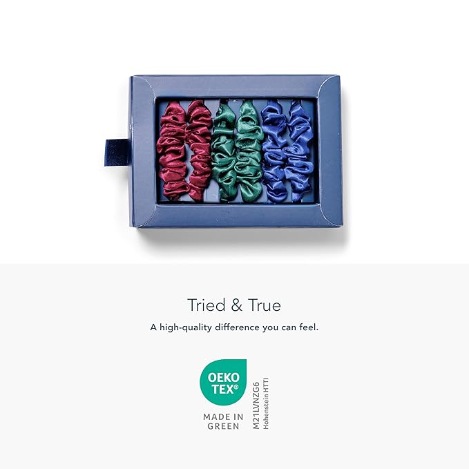 Fishers Finery 25 Momme Pure Mulberry Silk Skinny Scrunchies | Hair Tie Set for Thin Hair (Navy|Green|Red- 6 Pk)