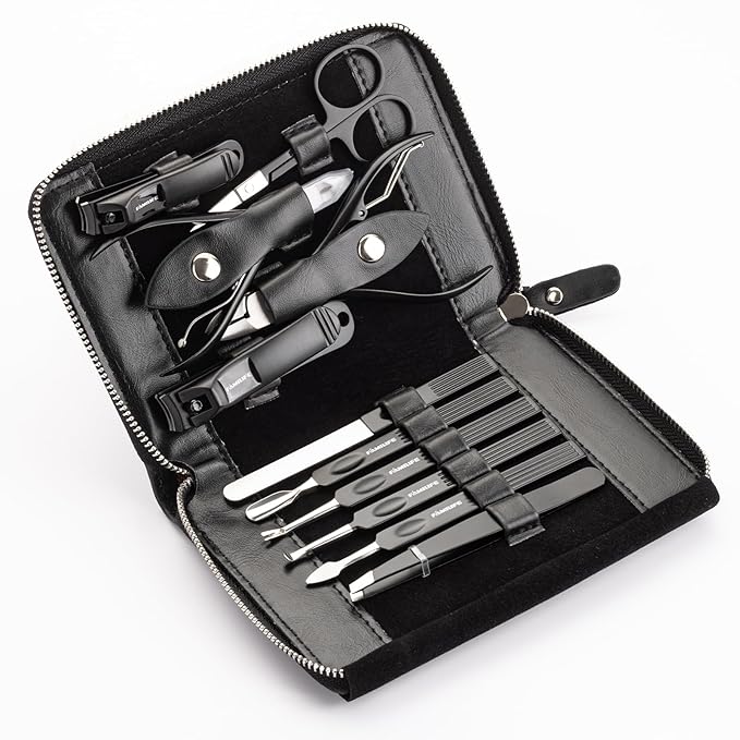 FAMILIFE Professional Manicure Set, Manicure Kit, Nail Clippers Set, 11 in 1 Stainless Steel Black Pedicure Tool, Nail Kit with Portable Leather Travel Case Luxury Gifts