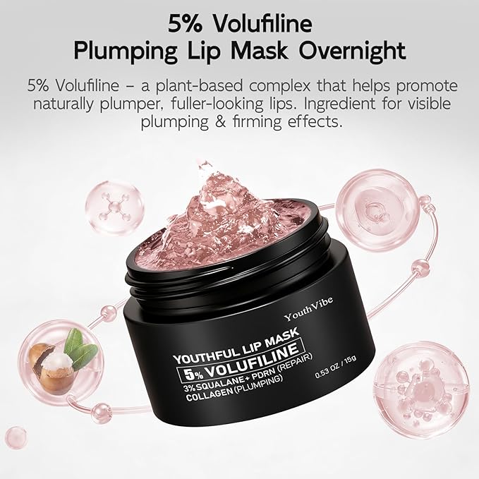 YouthVibe Lip Sleeping Mask Overnight Moisturizing - 5% Volufiline, Squalane, Shea Butter, PDRN & Collagen Hydrating Lip Mask for Dry, Flaky Lips