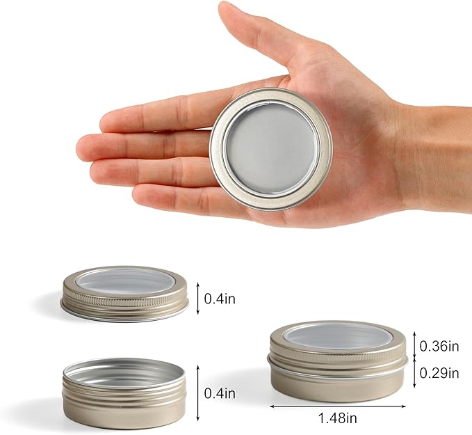24 Pack 2 Ounce Screw Top Aluminum Tin Jar with Screw Clear Lid and Blank Labels, Refillable 60ml Metal Containers for Lip Balms, Candles, Salves, Spices, Crafts (Champagne)