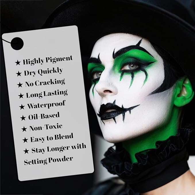 Black White Green Face Paint Palette, Professional Oil-Based SFX Makeup for Halloween Cosplay - Joker Style & Hulk Looks, Waterproof Non-Toxic Body Paint for Adult Carnival Events Theater