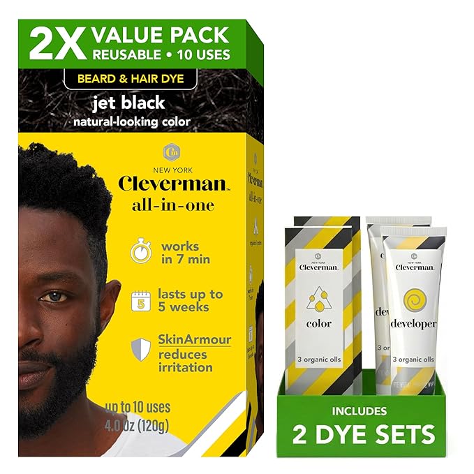 2X Pack Cleverman Hair & Beard Dye Kit for Men, All-in-One Reusable Mens Hair Color, Natural Gray Coverage, Ammonia-Free Beard Mustache Dye for Men (Jet Black for Black Men)
