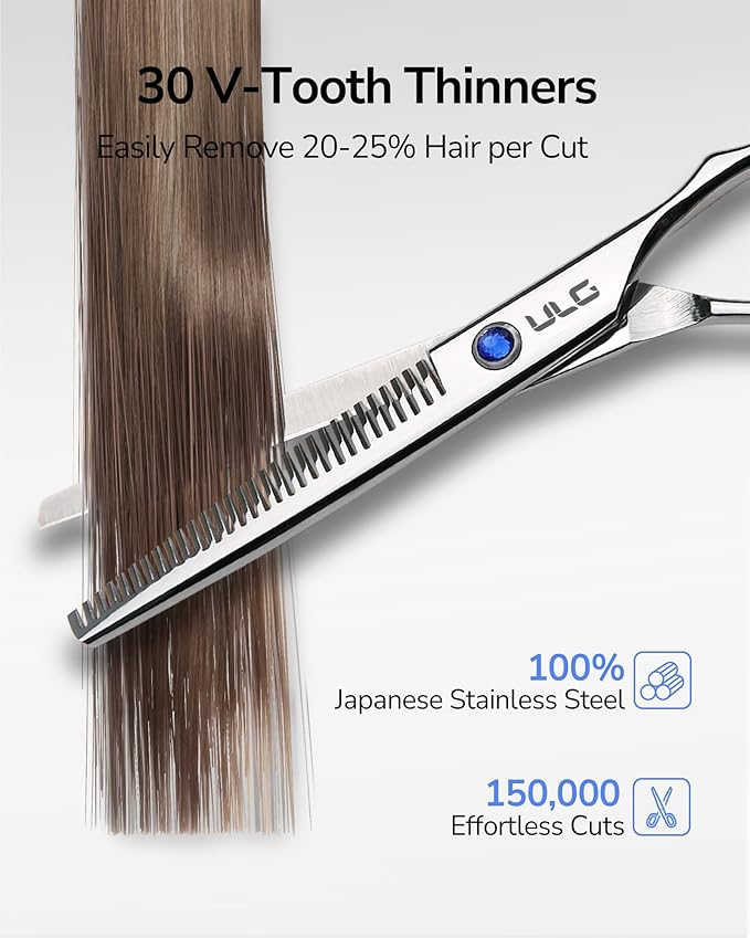 ULG Hair Cutting Scissors Thinning Shears Kit Professional Hairdressing Texturizing Salon Razor Edge Scissor Barber Kit Plus 6.5 inch Silver