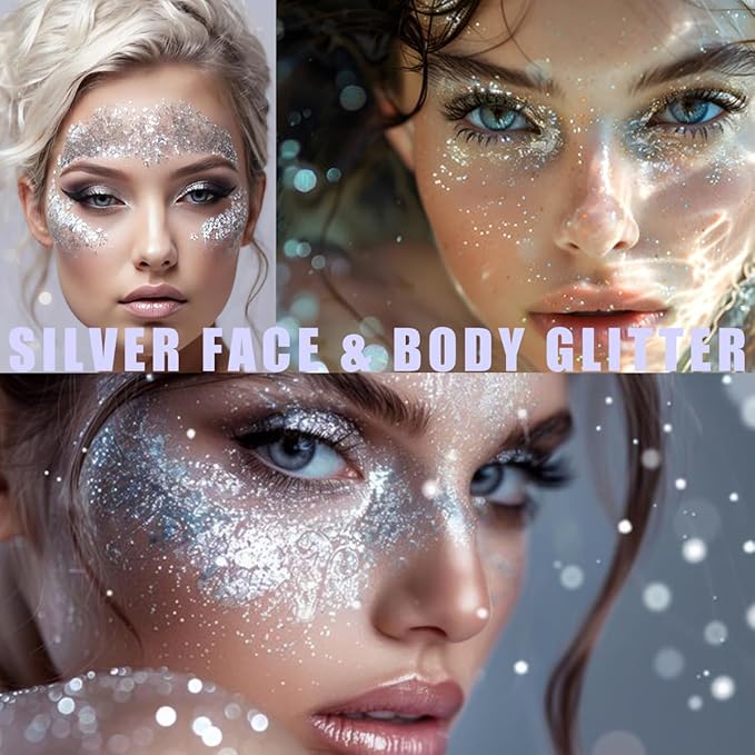 Silver Mardi Gras Out for Women Face Glitter Gel,Carnival Rave Accessories,Singer Concerts Body Glitter, Music Festival Hair Sequins Face Glitter Paint Makeup,50ML