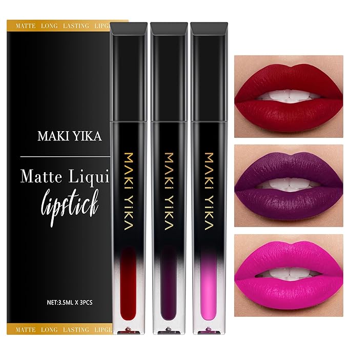 MAKI YIKA 3Pcs Matte Liquid Lipstick Makeup Set Red Purple Pink Lipstick Long Lasting Smudge Proof Non Transfer Lip Makeup, Purple/Pink/DeepRed