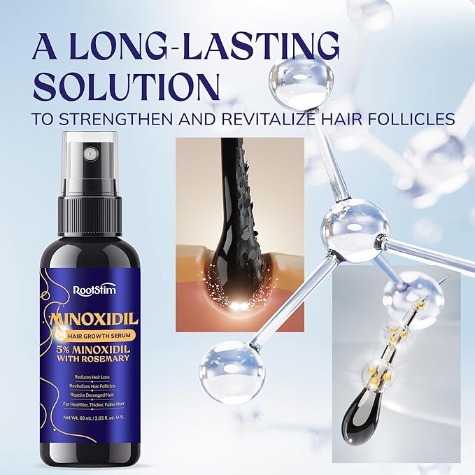 5% Minoxidil Hair Growth for Men and Women: 3-Pack RootStim Extra Strength Minoxidil with Rosemary for Thinning Hair Regrowth and Fuller Hair 180 ML