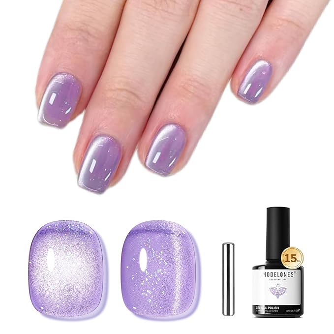 modelones Cat Eye Gel Nail Polish,Glitter Purple Gel Polish with Magnet Magentic Cateye Gel Polish Soak Off Led Reflective Gel Top Coat Manicure Salon DIY Gifts