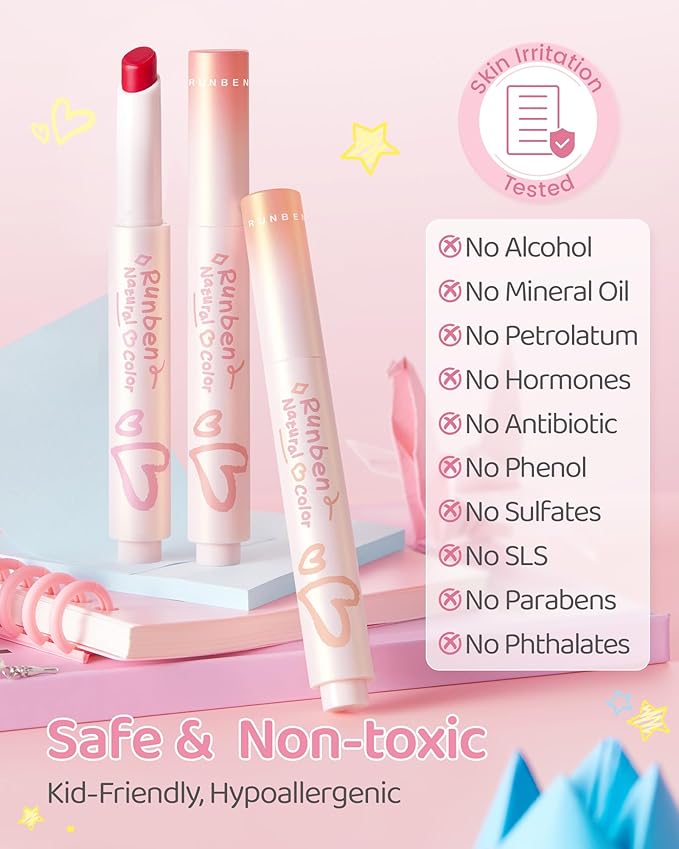 RUNBEN Kids Tinted Lip Balm, Pink Guava Lips Gloss, 24H Moisturizing, Safe & Non-toxic Lipstick for Kids & Teen, Christmas Makeup Gift for Girls, 2g