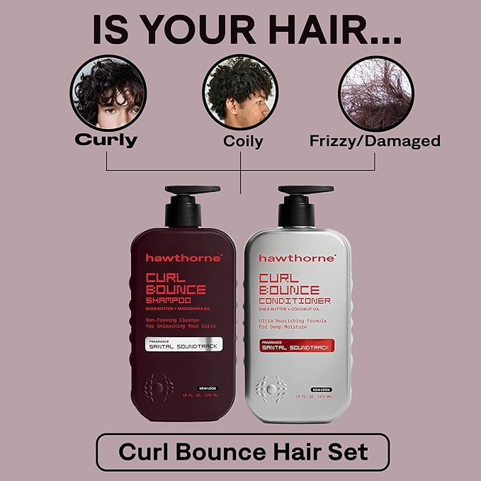 Hawthorne Curl Bounce Men's Curly Hair Shampoo and Conditioner Set. Sulfate Free Shampoo and Conditioner with Shea Butter and Macadamia Oil For Healthy, Hydrated Hair. Sandalwood Scent. 16 oz. each.