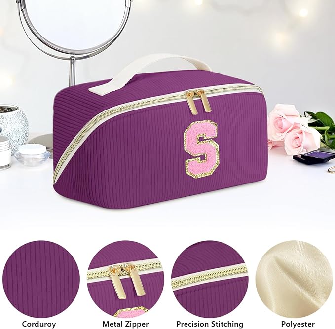 Personalized Initial Makeup Bag, Valentine's Day Gifts for Girls,Preppy Bag Cosmetic Travel Bag Women,Travel Toiletry Organizer,Large Capacity Corduroy Stuff Bag,Cute Cosmetic Pouch Skincare Bag