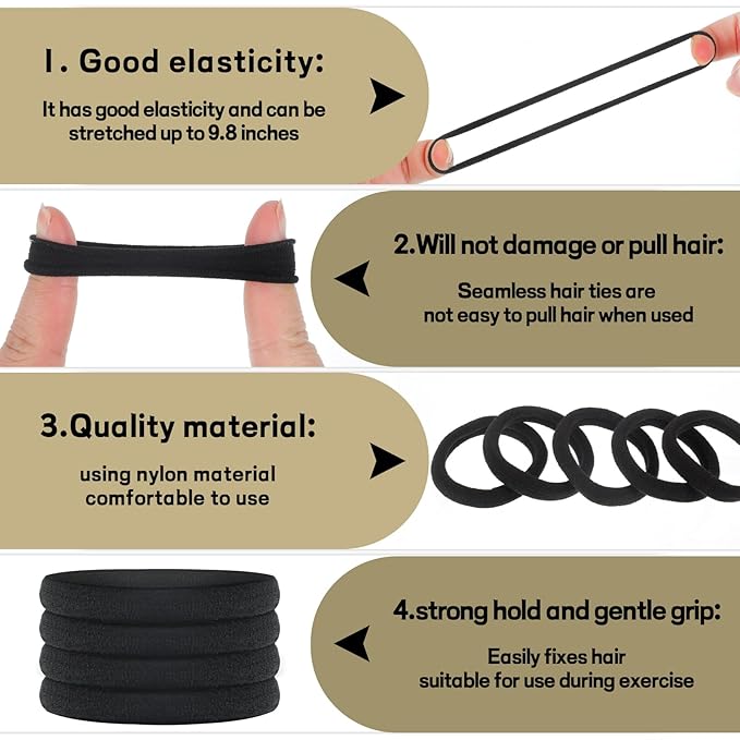 obeoby 100PCS Hair Ties for Thick Hair, Seamless Nylon Elastic Ponytail Holders, Bulk Black Hair Bands & Elastics for Women Girls
