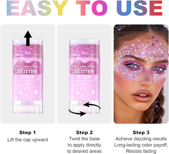 Halloween Body Glitter Stick, Waterproof Halloween Face Glitter Gel, Chunky Glitter Face Paint, Orange Purple Black Sequin Hair Glitter Makeup for Women and Kid (Pink)