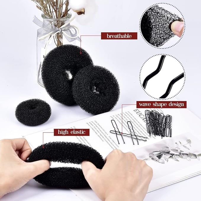 TsMADDTs Dount Bun Maker, 3PCS Black Hair Bun Maker with 20PCS Bobby Pins for Ballet, Dance