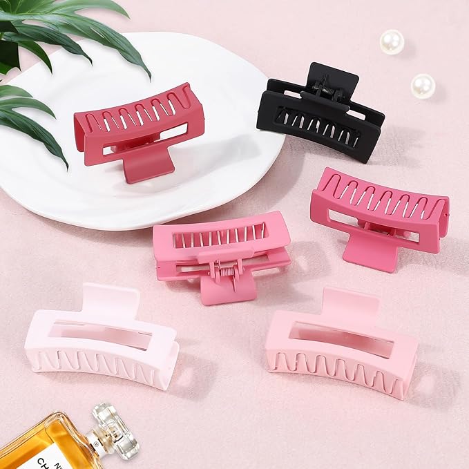 3.5 Inch Medium Hair Claw Clips 6 Pack Hair Clips for Women Square Rectangle Claw for Hair Banana Jaw Clips Hair Accessories for Girls (Pink)
