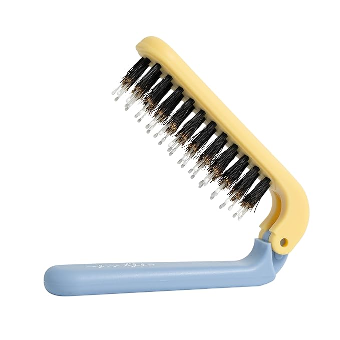 Uffy MiniPop Travel Hair Brush – Mini Folding Boar Bristles for Women, Men & Kids | Kid-Friendly Compact Comb for Wet & Dry Hair, Curly or Straight | Pocket-Size Detangler - Lemonade on Baby Blue