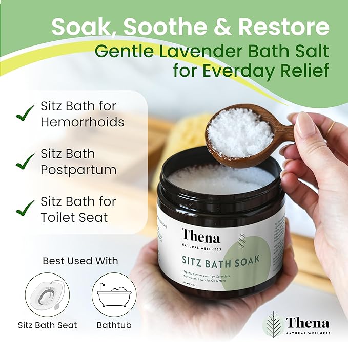 Best Organic Sitz Bath Soak Postpartum Care & Post Partum Essentials, Natural Hemorrhoid Treatment for Women & Moms with Epsom Dead Sea Salt Witch Hazel, Sitz Bath for Toilet, Thena