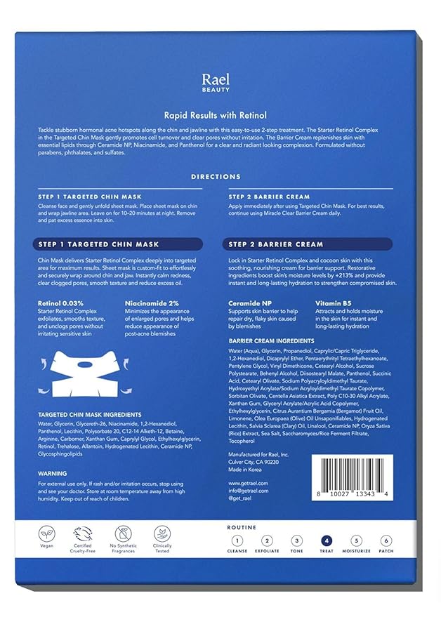 Rael Retinol Chin Mask with Miracle Clear Barrier Cream - Face Masks and Moisturizer, 2 Step System, Niacinamide, Ceramide NP, Korean Skincare (5 Kits)