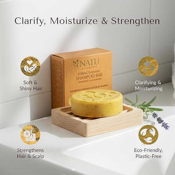 NATÚ BOTANICALS Strengthening Solid Shampoo Bar – Turmeric & Lavender - Clarifying Shampoo with Tea Tree Oil For Scalp - Moisturizes, Strengthens & Soothes Hair & Scalp - Sulfate & Paraben-Free, 2.3oz