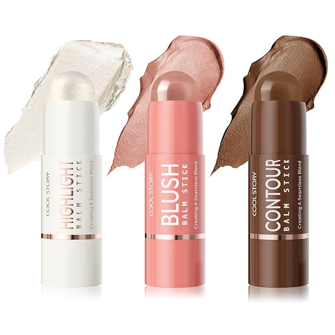 Cool Story 3-in-1 Makeup Set, Highlighter, Blush and Contour Balm Stick, Cream Formula for Face Contouring, Professional Cosmetic Kit (SET-B)