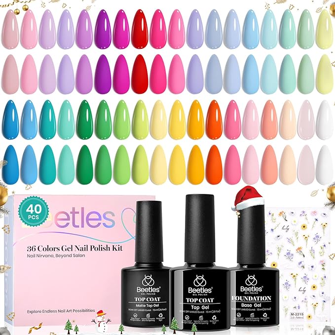 beetles Gel Nail Polish Set - 40 Pcs 36 Colors Nail Polish Kit Pink Red Green Blue Color Gel with Base&Glossy Matte Top Coat UV LED Petal Symphony Collection Nail Art Christmas Gifts for Women