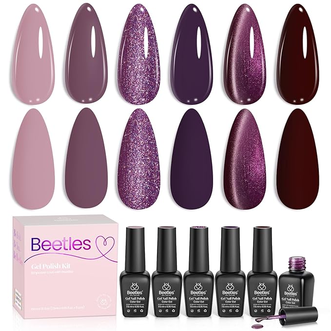 beetles Gel Polish Purple Gel Nail Polish Set - Muse Of Midnight Winter Deep Dark Light Purple Glitter Cat Eye UV Led Needed Soak Off DIY Salon Home Nail Art Gifts for Women