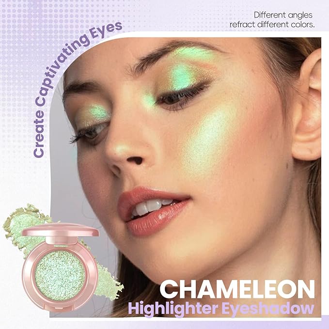 Holographic Light Green Glitter Eyeshadow, Multichrome Shimmer Color Shifting Single Eyeshadow, Chameleon Metallic Iridescent Eye Shadow Palette Bouncy Texture Fairy Highlighter Makeup #5