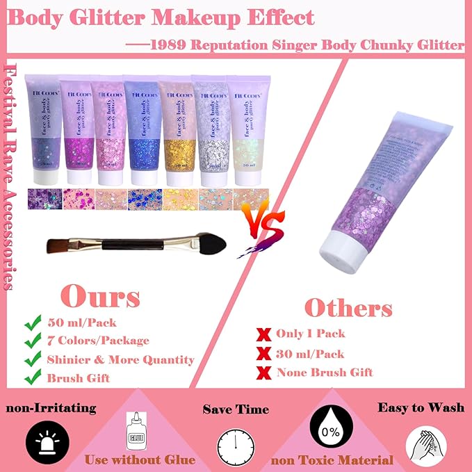 Body Glitter Face Glitter Gel: Singer Concerts Disco Festival Rave Accessories Face Glitter Makeup Chunky Sequins Mermaid Face Body Hair Glitter Gel (White&Silver&Pink&Gold&Blue&Purple&Rose)