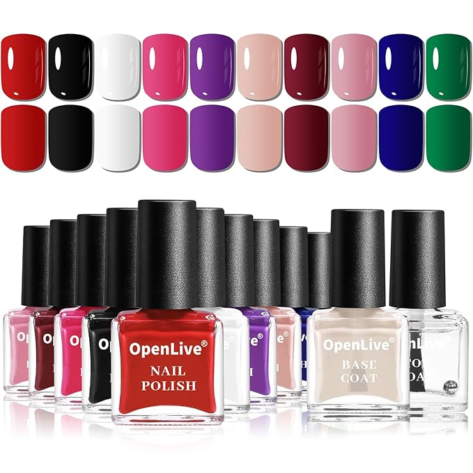 12 PCS Nail Polish Kit With 10 Colors As 2 PCS BASE And TOP Coat Green Blue Red Pink Collection Gifts for Women.