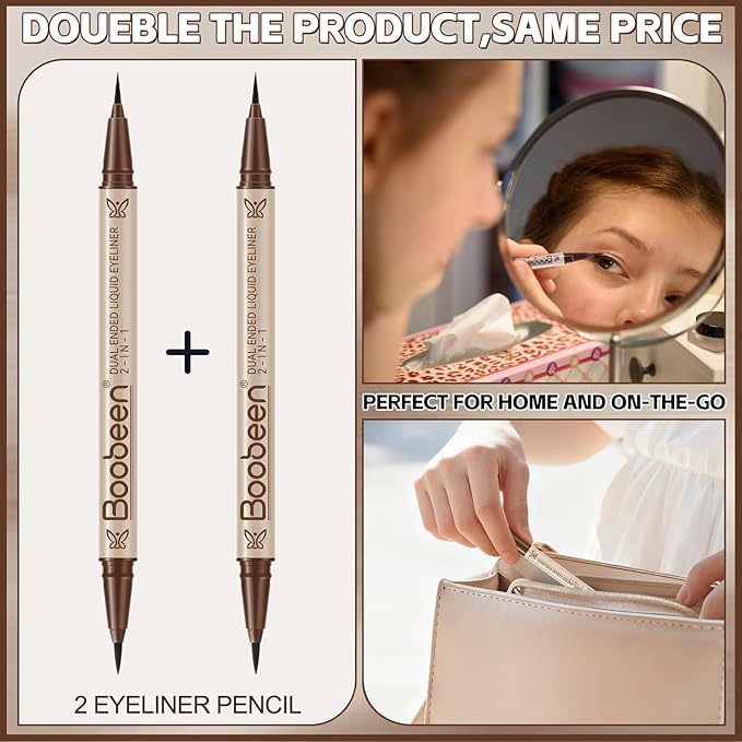 Boobeen 2pcs Liquid Eyeliner，Dual-Ended Eye Liner with Thick Tip and Precise Brush Tip，Waterproof Black Liquid Liner Pen，Matte Finish，All Day Wear，Smudge-proof,Brown