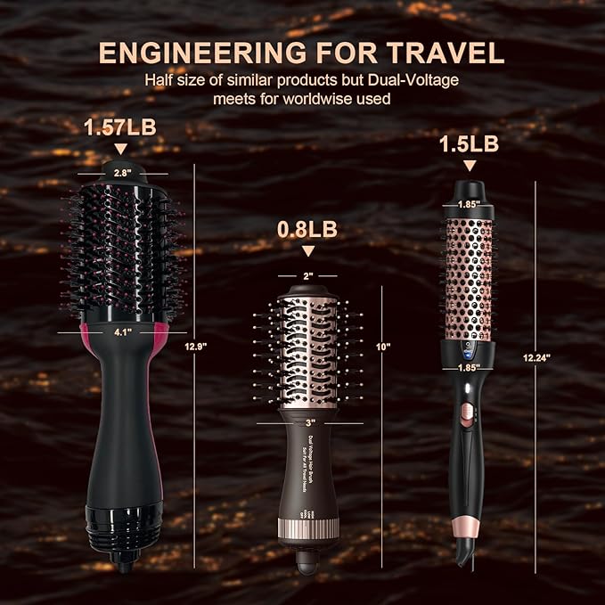 Travel Dual Voltage Hair Dryer Brush 4-in- 1,Portable Mini Hot Air Blow Dryer Straightener & Curler Brush,Titanium Oval Blowout Styler Volumizer Tools-Dark Chocolate