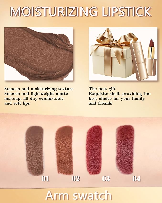 Velvet Matte Lipstick, Nude Brown High Pigmented Lip Tint Stain, Waterproof Long Lasting Cream Lip Gloss, Non-Stick Cup Smooth Tinted Lip Balm, Thanksgiving Lip Professional Makeup Gift for Women-01
