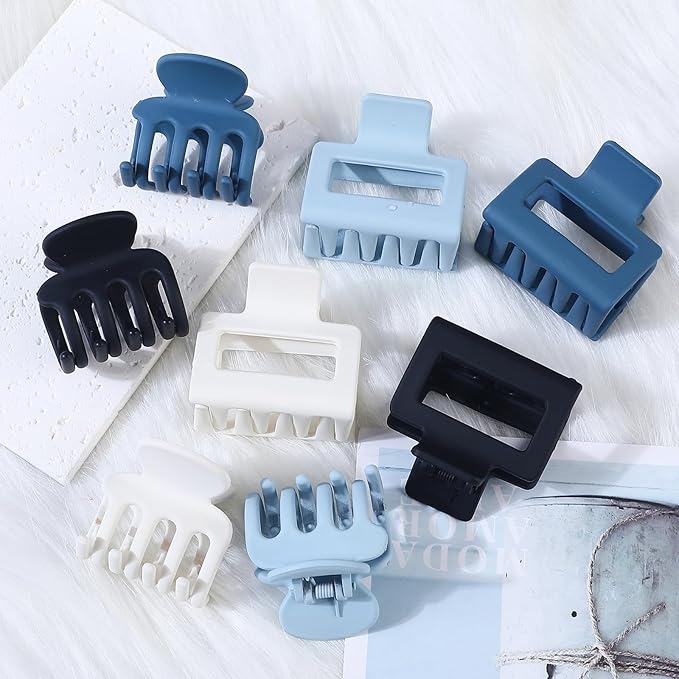 Medium Hair Clips for Women 8 Pcs Small Claw Clips for Thin and Thick Hair 2 Styles Hair Claw Clips Combination Rectangle Banana Jaw Hair Accessories for Women and Girls (Blue)