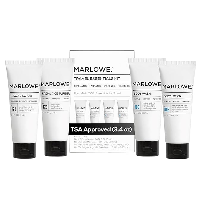 MARLOWE. Travel Essentials Kit, No. 103 Body Wash, No. 002 Body Lotion, No. 122 Facial Scrub & No. 123 Facial Moisturizer, Hydrating, Exfoliating & Nourishing Skin Care Set for All Skin Types