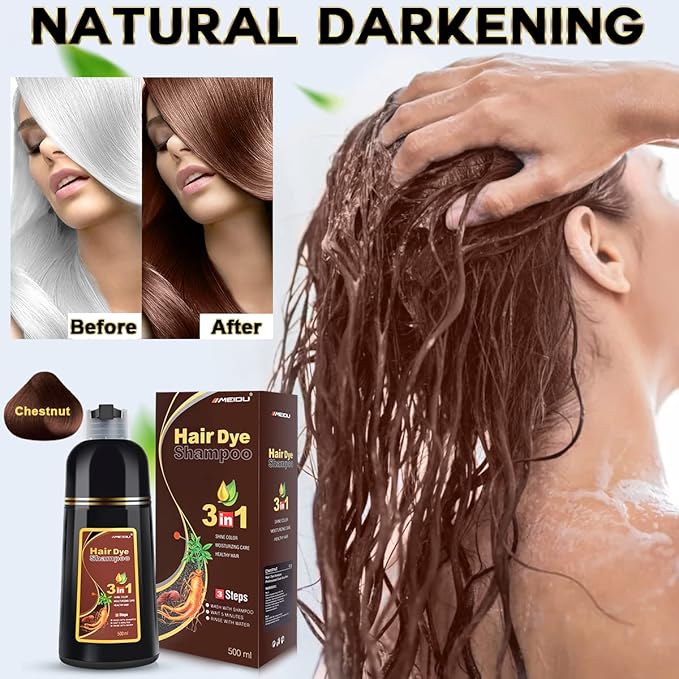 IIIMEIDU Hair Dye Shampoo 3 in 1 for Gray, Black Hair, Herbal Ingredients for Women Men, Grey Coverage 500ml (Chestnut)